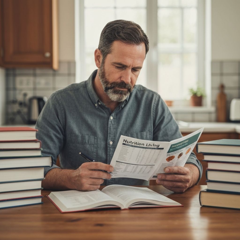 Man reading nutrition labels and educational materials